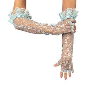 NEW Opera length , fingerless, ruffle lace, baby blue gloves “look like a lady”